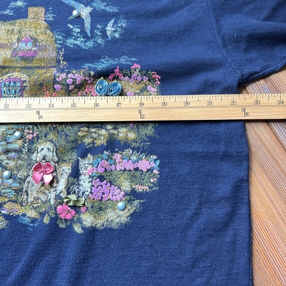 90s Vintage Bobbie Brooks Large Navy Cottage Screen Printed SS Tee Shirt - Picture 5 of 9